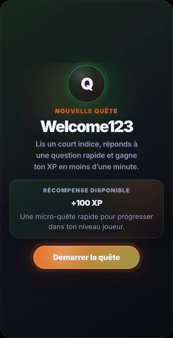 Écran d'ouverture de la quête Welcome123 : le titre, la durée annoncée et la récompense de 100 XP.