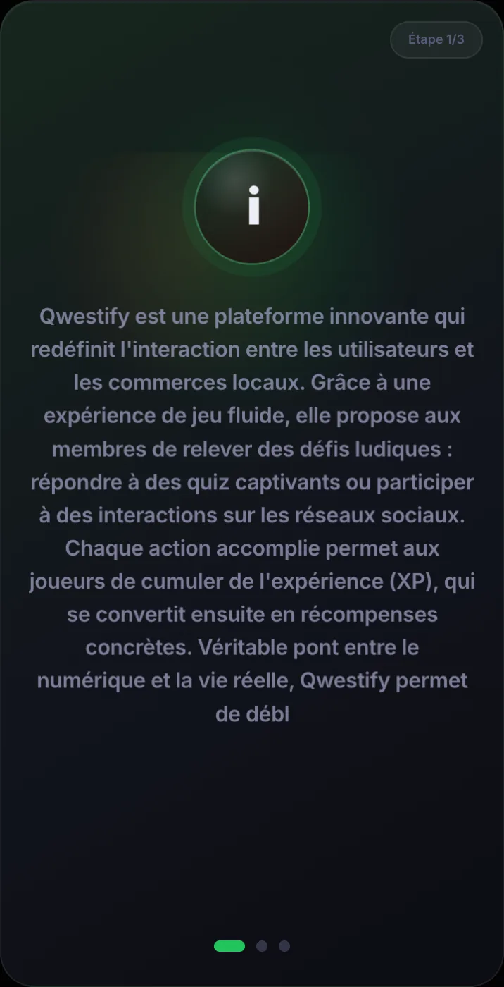Étape 1 sur 3 : un texte court présente le commerce avant les questions.