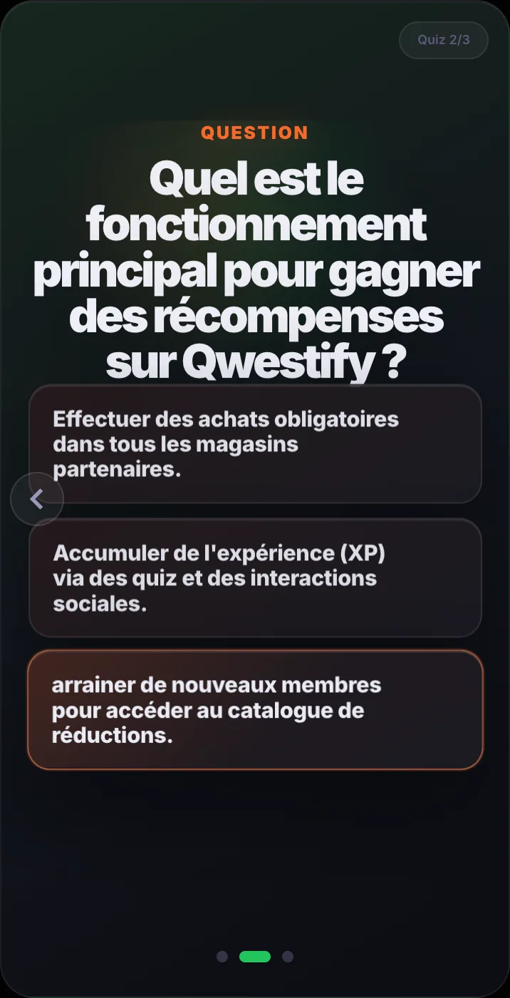 Une question à trois réponses possibles, avec l'indicateur d'étape en haut.