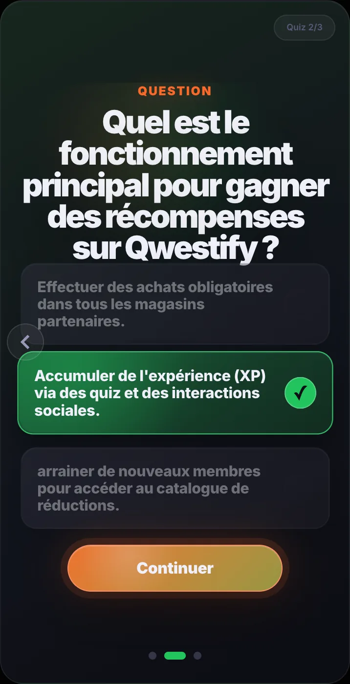 La bonne réponse passe au vert avec une coche, et le bouton Continuer apparaît.