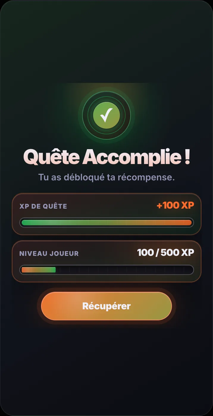 Écran de récompense : quête accomplie, 100 XP gagnés et la barre du niveau joueur qui monte.